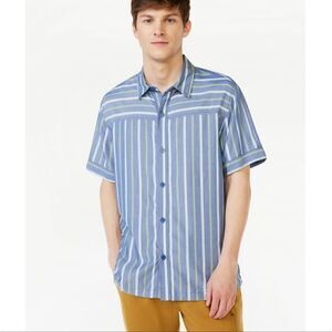 Mens Free Assembly Lightweight Striped Button Up Blue Short Sleeve Shirt XXL NWT